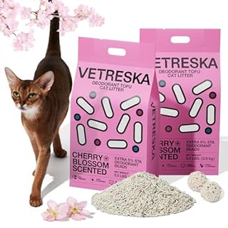 VETRESKA Cherry Blossom Tofu Cat Litter, Natural Strong Clumping Flushable Cat Litter Pellets, Ultra Absorbent, Dust-Free, Low Tracking,Deodorant Tofu Compostable (5.5lb×2bags)