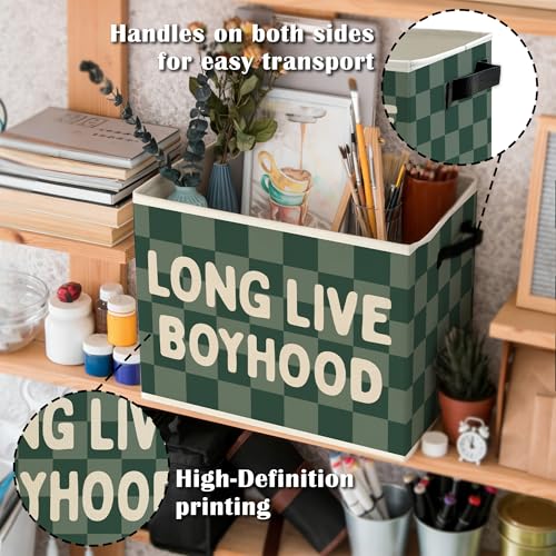 Image of Long Live Boyhood Boys Storage Bins Box with Handles, Green Checkered Pattern Collapsible Basket Organizer for Kids Boy Nursery Room Bedroom Bathroom Playroom Books Clothes