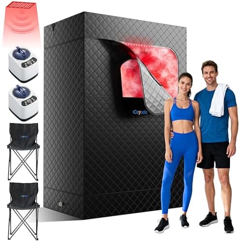 Infrared Sauna Box, Portable Sauna with 660nm Red Light Therapy & 850nm,5-Layer Waterproof, 3L 1300W Steamer,Folding Chair (2 Person Sauna Box)
