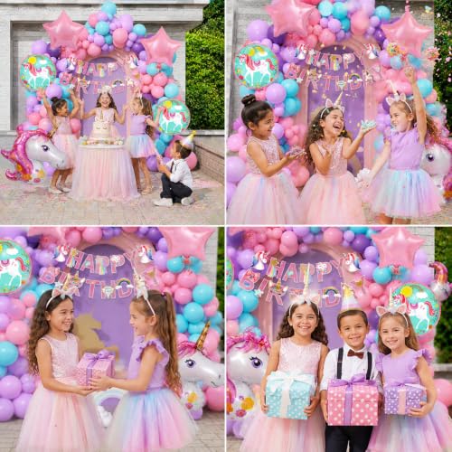 Image of Unicorn Theme Birthday Decoration Kit Set of 55 Pcs | Happy Birthday Banner with Unicorn Foil Balloon & Latex Balloons Decor for Girls Bday Party Decorations Items