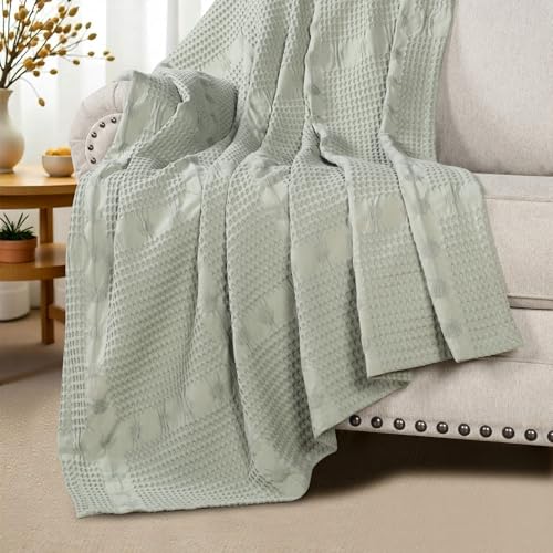 Best Couch for Family Lounging: Cozy Comfort with Stylish Essentials 5 Superior Waffle Weave Cotton Blanket, Comfy Blanket for Bedroom Decor, Picnic, Beach, Traveling, Bedding Essentials, Bed Cover, Couch, Lounging, Geometric Design, Mai Collection, Throw, Sage