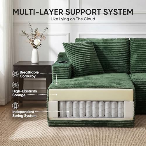 Image of Boneless Couch, 127 inch Sofas for Living Room, U Shaped Couch with Chaise | Sectional Sofa, Cloud Couch Sectional with Cup Holders and Storage, Cloud Sofa with Deep Seat, Green, Corduroy, No Assembly