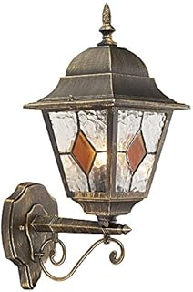 Black/Gold Cast Aluminium Outdoor Wall Light with Amber Leaded Glass by Happy Homewares