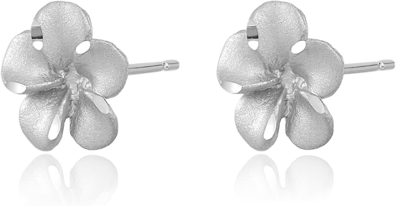 IceCarats 14K Solid White Gold Large Hawaiian Plumeria Flower Stud Earrings 8.5mm 3/8 inch Butterfly Back, Diamond Cut, Brushed, Matte For Her