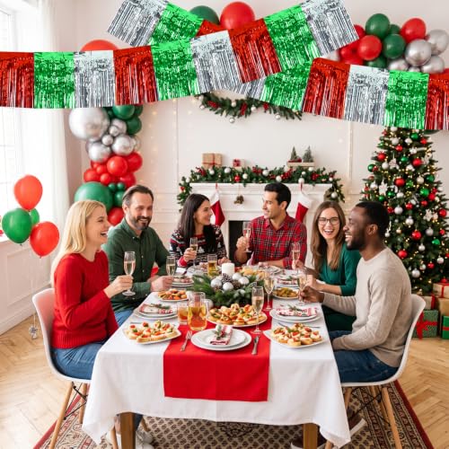 Image of BEISHIDA 3Pack Red Green Silver Foil Fringe Garland 30ft Wall Tinsel Banner