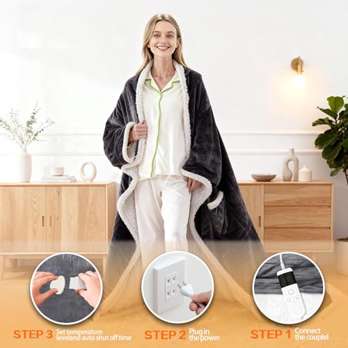 Image of Wearable Heated Blanket With Sleeves & Foot Pocket, Heated Throw Blankets Fast Heating Blanket With 10 Heat Settings Auto Shut Off Over-Heat Protection-Warm Gift, Machine Washable, 52 inch*72 inch+18 inch