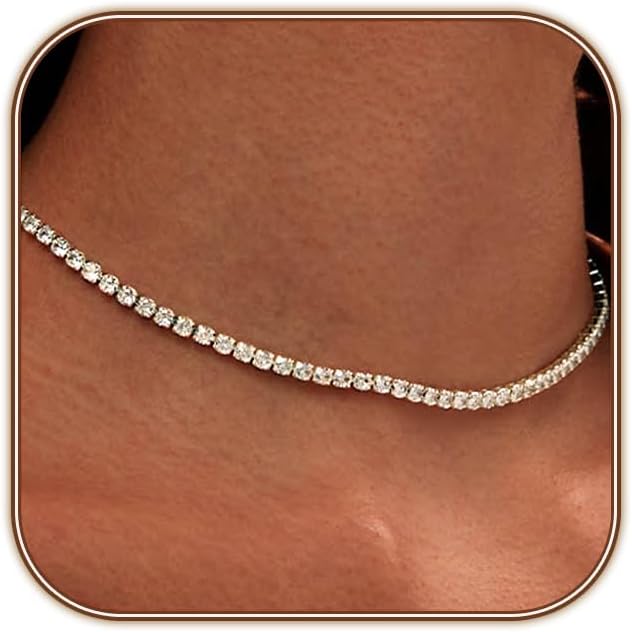 Tennis Necklace for Women 14K Gold Plated or Silver Rhinestone Choker Necklaces Dainty Zirconia Cut Faux Diamond chain 3mm