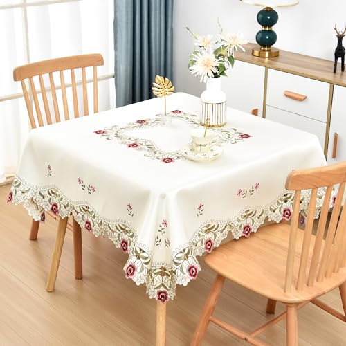 Wolkemer WKM_1 Jacquard Floral Embroidered Square Tablecloth Fabric Vintage Rose Table Cloth Lace Beige Table Cover thumb #1