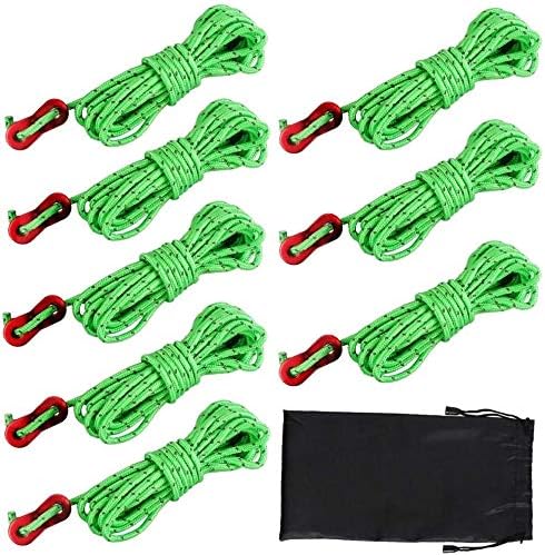 Dadabig 8 Pack 4mm Reflective Tent Guy Line, Light-Weight Tent Guide Lines Cord Guy Ropes with Aluminum Tensioners Adjuster for Outdoor Camping Hiking Awning Tents, 13 feet, Green