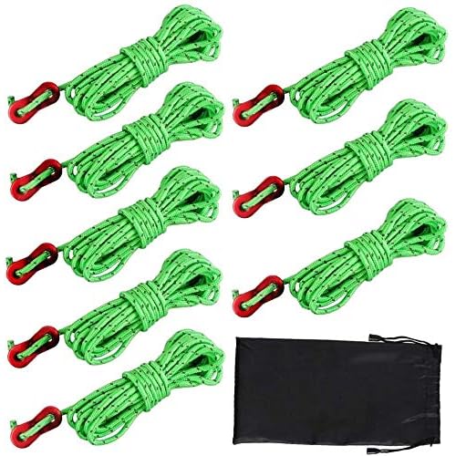 Dadabig 8 Stück 4mm Reflektierende Abspannseile für Zelt, Reflective Zelt Guy Line Leuchtend Spannschnur Abspannleine mit Aluminiumspanner Einsteller für Camping Wandern Markisenzelte 13 Fuß Grün