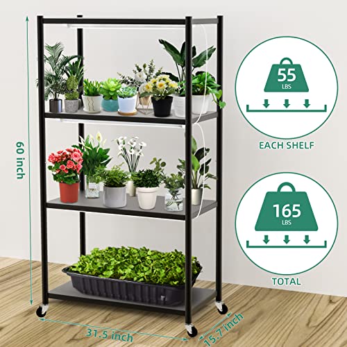 Adebola Plant Shelf With Grow Lights, 4-Tier Metal Plant Stand With High Intensity 3000K Full Spectrum Grow Lights For Optimal Plant Growth, Heavy Duty Plant Shelf With Wheels For Indoor Plants, Seed Starting, Seedlings(31.5Lx15.7Wx60H, Black) #TOP5