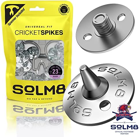 SOLM8- Metal Steel Spikes for Cricket Shoes, Replacement Cleats Easy to Install, Screw Size ¼ Inch Metal Threading (Pack of 23 + 1 Spanner)