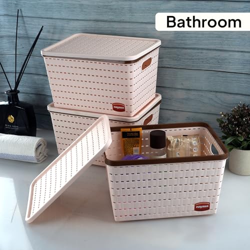 Image of Nayasa Gloria Plastic Basket for Storage | Vegetable & Fruit Basket | Multipurpose Storage Box and Organiser Basket with Lid | Big - Set of 3 | Peach
