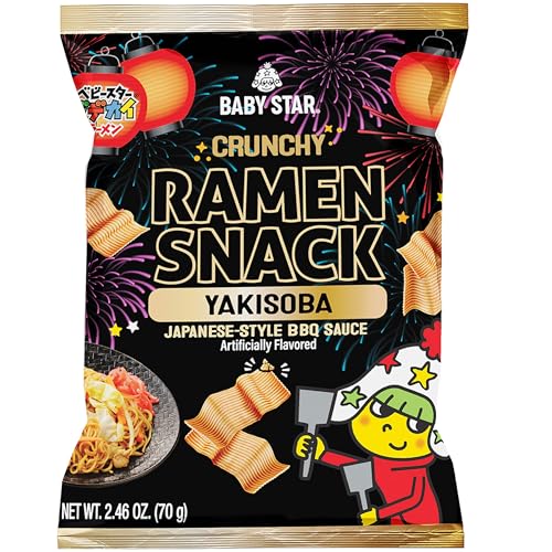 Baby Star Crunchy Ramen Snack Wide Yakisoba Flavor 2.46oz | Japanese Crispy Noodle Treat Japanese BBQ Sauce Taste Asian Snack for Kids and Adults