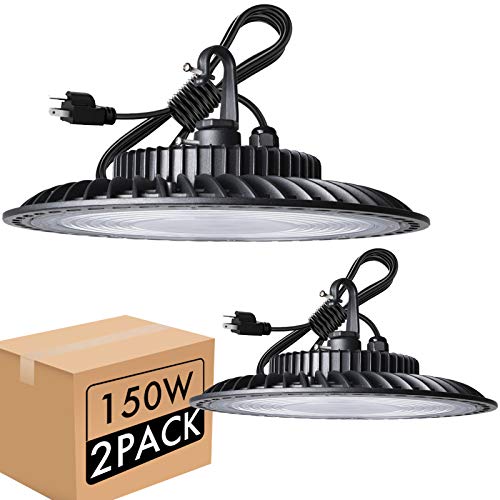 bulbeats LED High Bay Light 150W, 5000k,21000Lm ( Eqv.600W MH/HPS) UFO high Bay Light Fixture, IP65, 5Ft Cable with US Plug Bay Lighting for Commercial Warehouse/Workshop/Garage/Barn (2Pack)