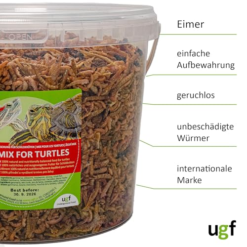 UGF - Universal Schildkröten Futter Mix - 500g im 3 Liter Eimer, Ausgewogenes Schildkrötenfutter, Gammarus, Seidenraupen, Mehlwürmer, Garnelen und getrockneter Fisch, Wasserschildkröten Futter