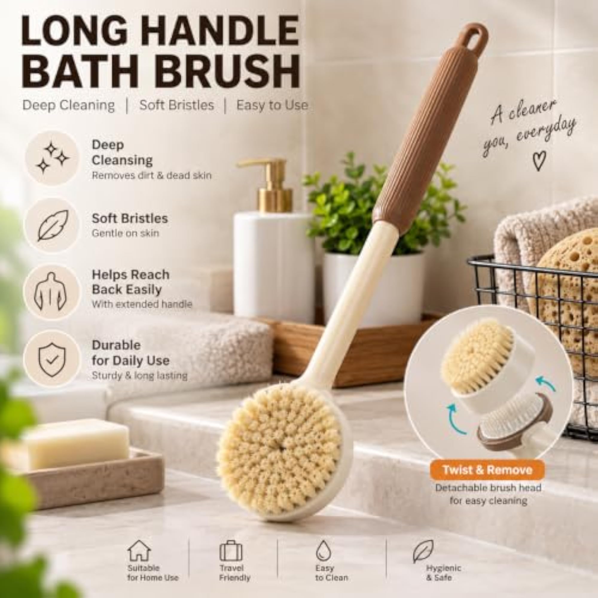 2-in-1 Long Handle Bath & Body Brush with Detachable Massage Head