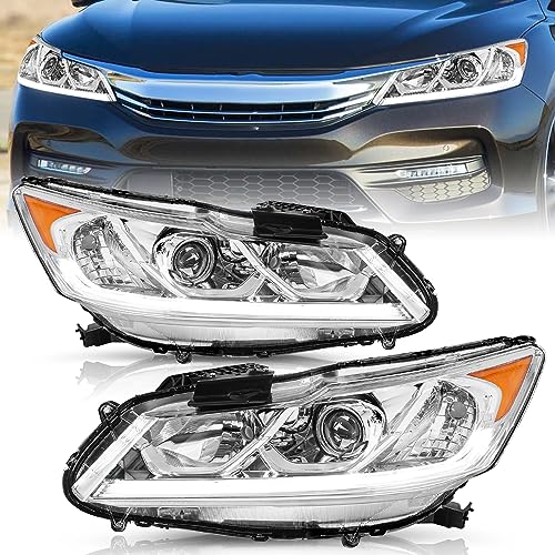 TUSDAR Headlight Assembly Pair for 2016-2017 Honda Accord Projector Headlamp w/LED DRL Chrome Housing with Amber Reflector (Driver and Passenger Side)
