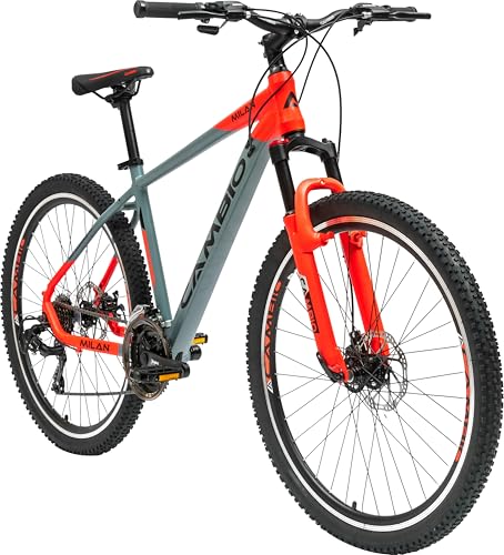 Image of Cambio Milan 26T MTB Aluminium Frame, Threadless Mech Lockout Suspension, Shimano Rapid Fire 21s Gears Cycle Matt Grey /Floro Red Two Tone