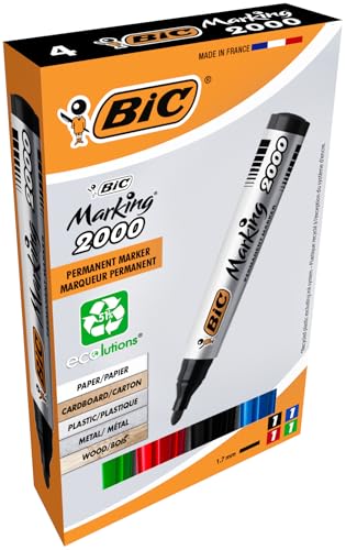 BIC Intensity, Marking 2000, Pennarelli Indelebili Colorati ECOlutions, con il 51% di Materiali Riciclati, Punta Tonda Resistente, Cancelleria Casa e Ufficio, 4 Unità