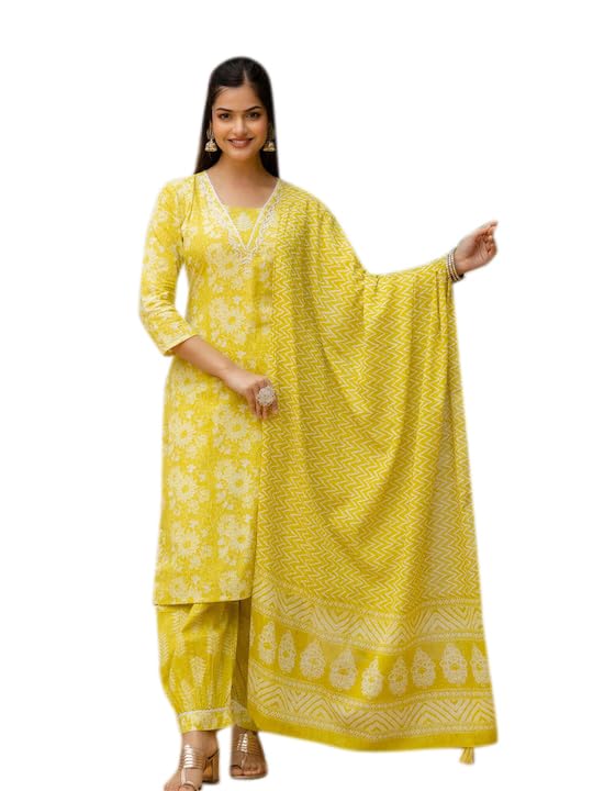 PARTHVI Women's Printed Adda Woark Straight Kurta With Palazzo & Dupatta Set