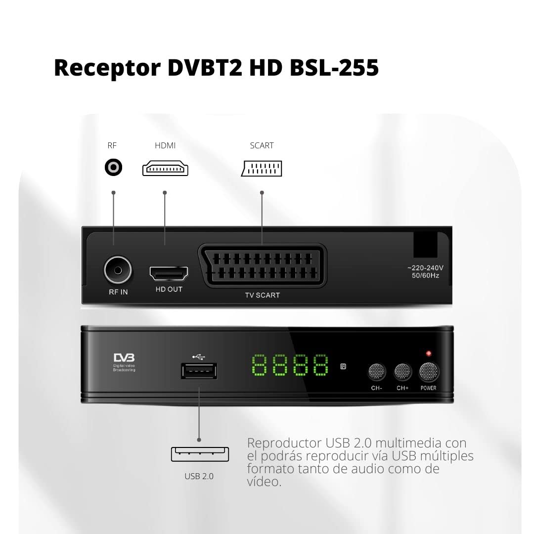 Ricevitore DVBT2 HD BSL-255 | Decoder per TV digitale terrestre ad alta risoluzione 1080P | Supporta H.265 10 Main HEVC | Display digitale e telecomando | Ingresso Scart, USB e HDMI