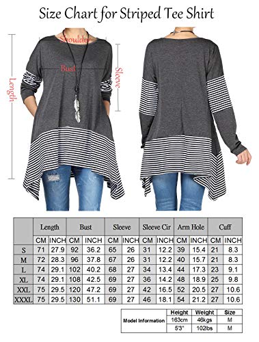 Mordenmiss Women's Stripes Asymmetry Tunic Swing Flowy Plain T-Shirt Top (3XL, Dark Gray)