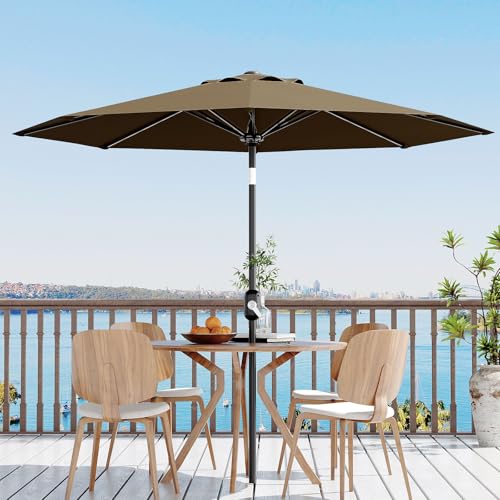 9Ft Patio Umbrella - 8 Sturdy Ribs Outdoor Table Umbrella with Crank Lift & Push Button Tilt - Market Umbrella for Pool, Deck, Yard, Garden - Taupe