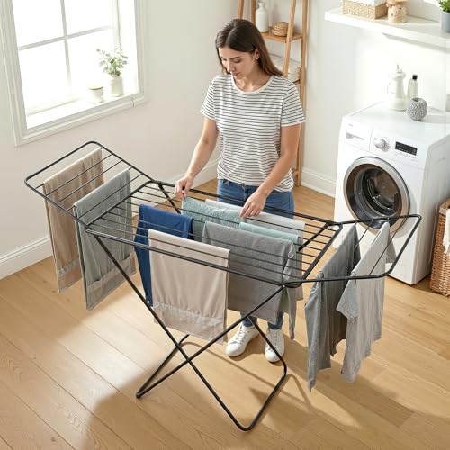 Image of Kuber Industries Extra Strong 5.8 Kg Foldable Metal Clothes Drying Stand for Indoor & Outdoor | Laundry Rack, Clothes Dryer Stand for Adult & Kid Cloth | Black