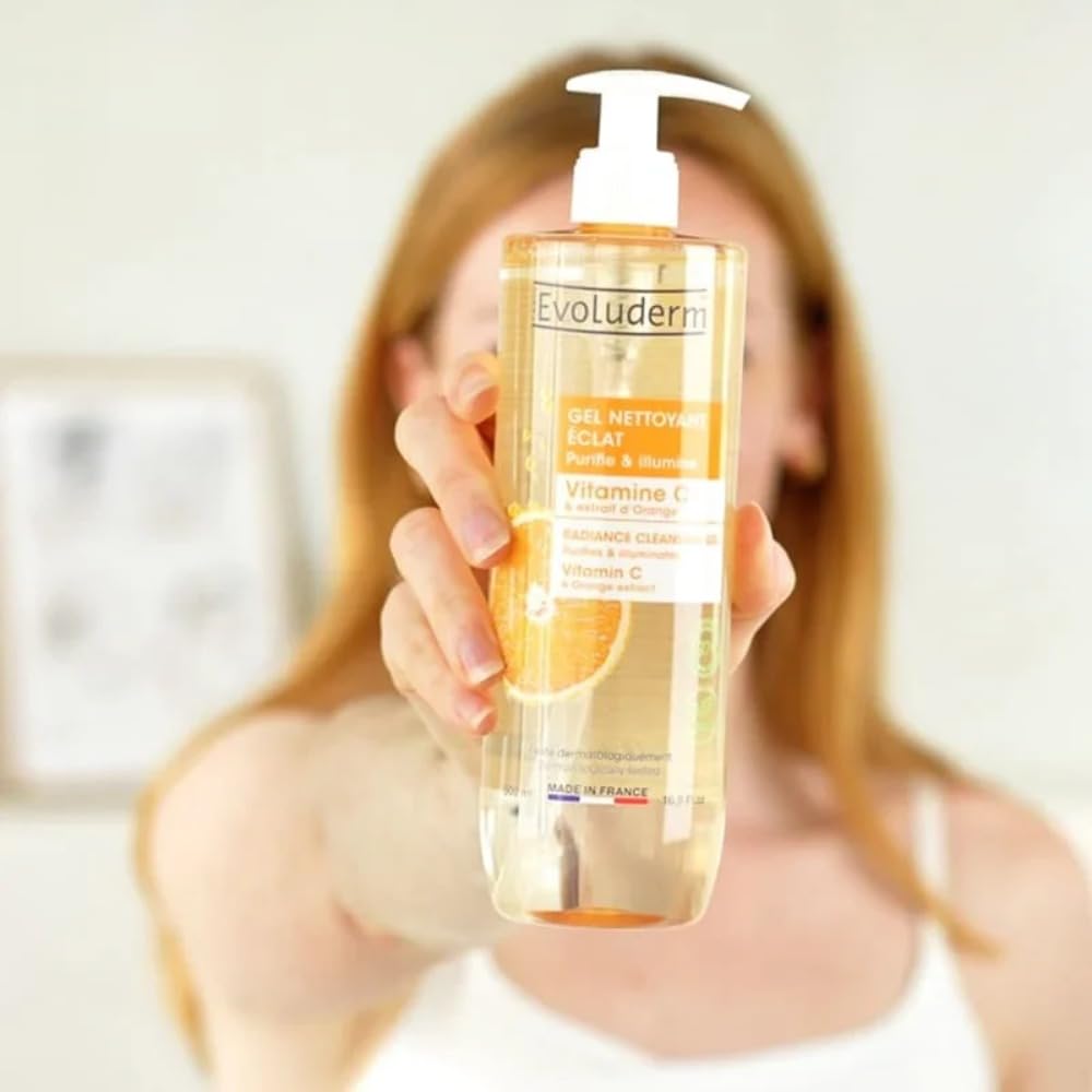 EVOLUDERM – Gel Nettoyant Éclat Vitamine C – 500 ml – 97% d’Origine Naturelle – Végan – Fabrication Française – Lot de 3 x 500 ml