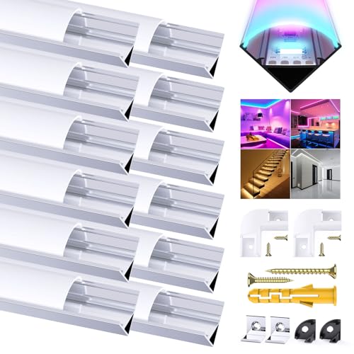Chesbung 12 Pack V Shape Led Aluminum Profile for LED Strips, 1Meter/3.3ft Led Aluminum Channel with Milky White Cover, Led Track Diffusers with End Caps, Mounting Clips and 90 Degree Corner Connector