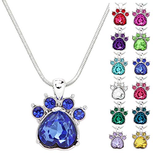 Falari Crystal Paw Birthstone Pendant Necklace 17 Inch Snake Chain Gift Box Included
