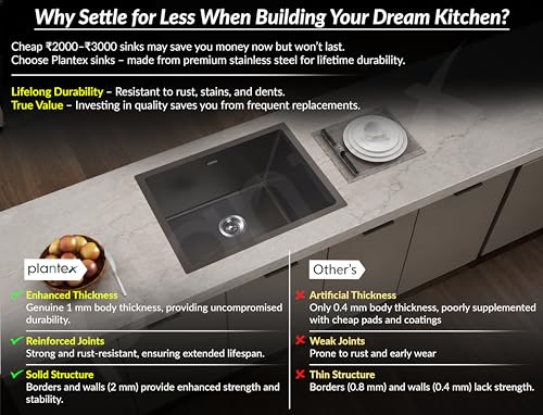 Image of Plantex Stainless Steel Handmade Kitchen Sink /Single Bowl Sink For Kitchen With Drain Rack and Coupling and Waste Pipe /Undermount /Topmount (Black- 30X18 Inches)
