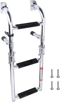 Folding Boat Ladder, Stainless Steel 3 Step Swim Ladder, Collapsible 2+1 Step Ladder for Swimming Pool Pontoon Dock Stern Mount W Rubber Grips