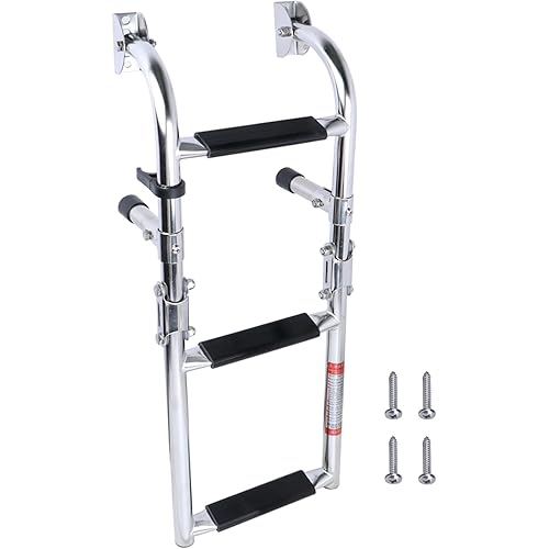 Folding Boat Ladder, Stainless Steel 3 Step Swim Ladder, Collapsible 2+1 Step Ladder for Swimming Pool Pontoon Dock Stern Mount W Rubber Grips