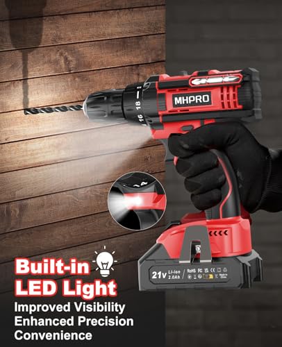 MHPRO Akkuschrauber 21V, Akku Bohrschrauber Set mit Akku 2000mAh und 20 Zubehöre, Werkzeugkoffer, Akkubohrer 42Nm Max Drehmoment, 18+1 Drehmomentstufen, 2-Gang, 10mm Bohrfutter, Akku Bohrmaschine für 6