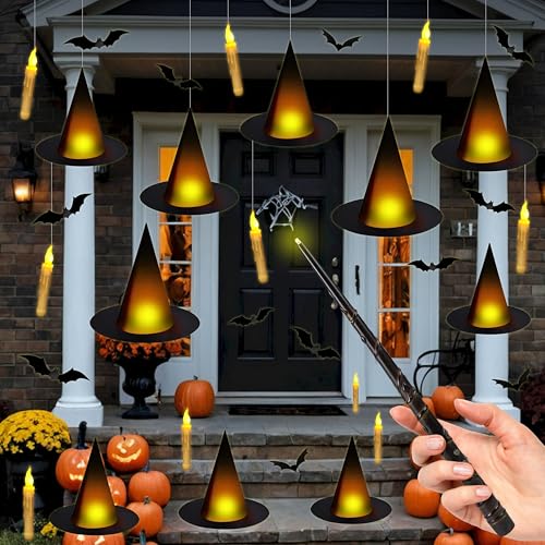 Fayoo Floating Candles with Wand 12PCs Magic Hanging Candles Floating Light Up Witch Hats with Flameless Candle with Wand Remote Witch Hat 3D Bats Wall Stickers Decorations for Halloween Party