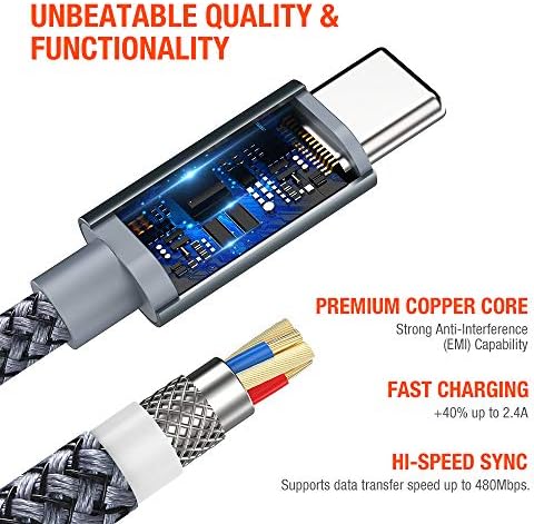 USB Type C Cable,Snowkids USB C Cable 6.6FT(2 Pack) Nylon Braided High Speed Cord USB Type A to C Fast Charger for Samsung Galaxy S10 S9 Note 10 9,Moto Z,LG V20 G5,Google Pixel 2XL,OnePlus 5 3T(Grey)