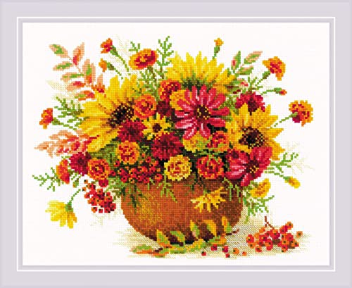 Image of RIOLIS - Autumn Flowers 1973, Floral Cross Stitch Kits 11 inchx9, Cross Stitch Kits for Beginners & Advanced, Crossstitching Kit Adult, Flowers Embroidery Kit