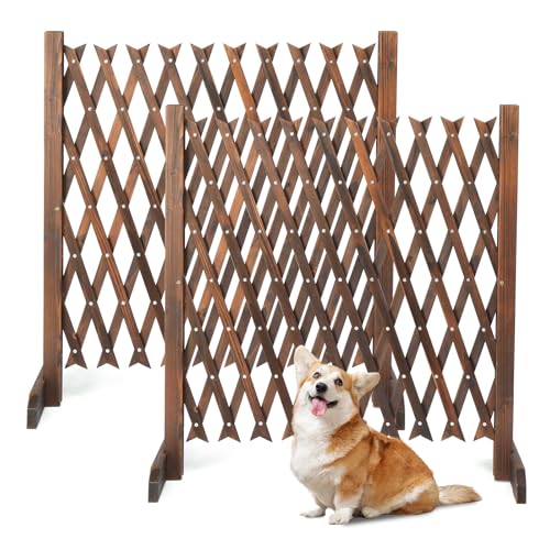 VINGLI 2 Packs Extendable Garden Fence, 27.55 Inch Tall Freestanding Accordion Fence Solid Wood Retractable Trellis Instant Fence Pet Grate for Home Patio Yard Garden (Carbonized Wood)