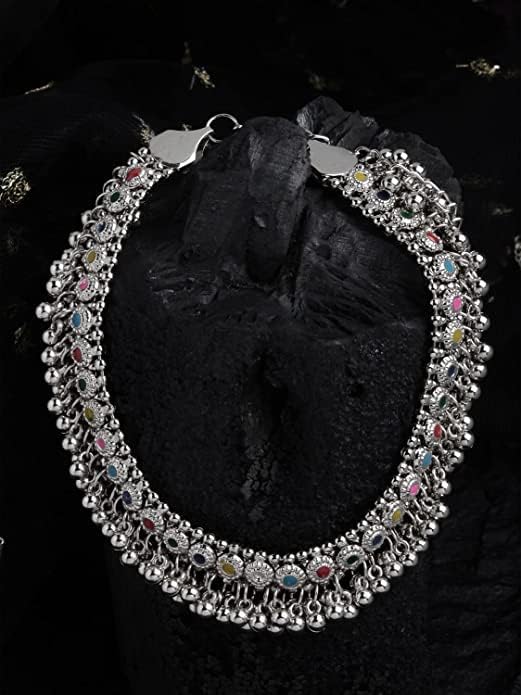 Indian Designer Silver Oxidized Ethnic Statement Traditional Ghungroo Beads Choker Necklace Jewelry Multi - Image 3