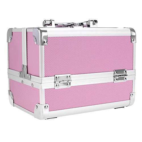 Jaketen Professional Small Makeup Train Case - Cosmetic Box with Adjustable Dividers - Aluminum Make Up Artist Organizer Kit With Mirror Jewelry Box - 3 Extendable Trays (Pink)