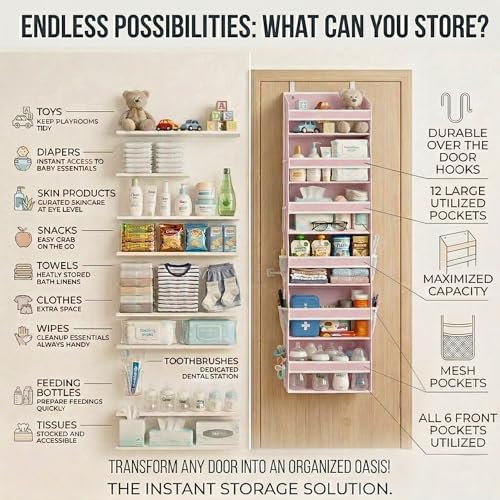 Image of HOMELUX THEORY UPGRADED 6 Tiers Over The Door Organizer Hanging - 100D EXTRA THICK & 50lbs HUGE CAPACITY, 12 Side Mesh Pockets Over The Door Shoe Organizer, Hanging Closet Organizer (Baby Pink, 2pc)