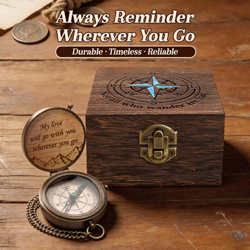 Brújula de bolsillo personalizada grabada con caja de madera, brújula vintage de latón con estuche de cuero PU, para camping, senderismo y pesca miniatura 4