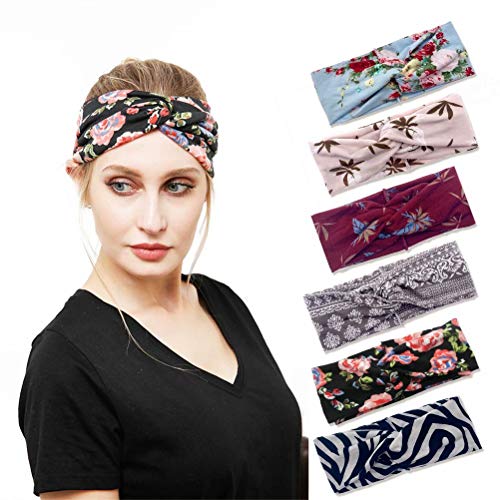 ESTART 6 Pack Women’s Yoga Sports Workout Headbands, Double-layer Warm Non-Slip Sweat-proof Fashion Head Wraps, Crisscross Bohemian Elastic Hair Accessories