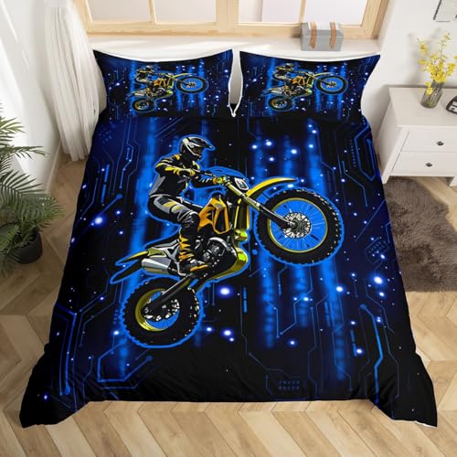 richhome Juego de ropa de cama con diseño de motociclista, diseño de rayas azules, tamaño cuna, diseño de lunares azules, transpirable, suave, fresco, 2 piezas