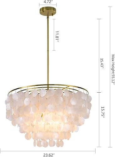 Miniatura 5 de Wellmet Candelabro de concha natural Capiz, 6 luces doradas costeras modernas, lámpara colgante colgante redonda en capas para sala de estar, mesa