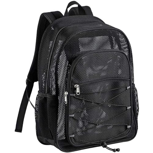 Mochilas pequeñas para mujer, color negro, mochila de malla resistente, mochila de malla transparente para libros de malla semitransparente con elásticos y cómodas mochilas acolchadas para niñas