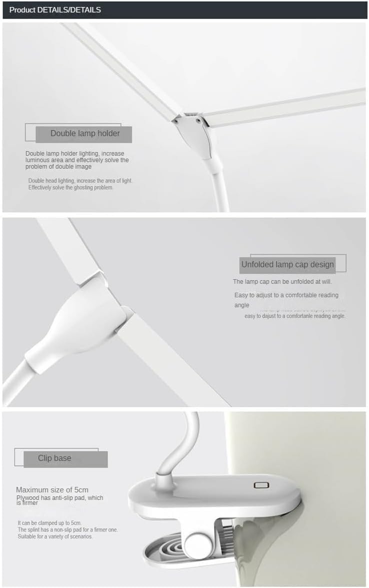Lampada da scrivania a LED, a doppia testa, regolabile, con 30 modalità dimmerabili, ricaricabile con clip, per casa, ufficio e studio