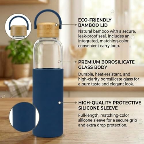 Image of Giftana Personalized Borosilicate Glass Water Bottle 500ml with Glass Sipper Tumbler 450ml, Reusable Leakproof Drinking Bottle with Silicone Sleeve, Eco-Friendly Bottle for Office Gym Travel (Blue)